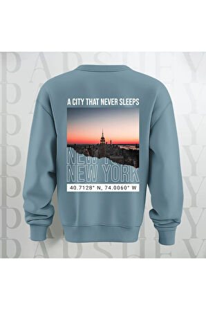 New York Şehir Temalı Sırt Baskılı Oversize Bisiklet Yaka Sweatshirt 3 İplik Şardonlu