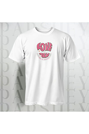 Love Try Baskılı Unisex Yarım Kollu Bisiklet Yaka %100 Pamuk Oversize T-shirt