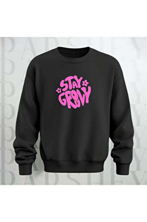 Stay Groovy Göğüs Baskılı Kalın Kumaş 3 İplik Şardonlu Oversize Unisex Bisiklet Yaka Sweatshirt