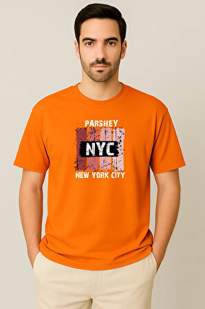 Erkek - Kadın %100 Pamuk New York City Parshey Baskılı Yarım Kollu Bisiklet Yaka T-Shirt
