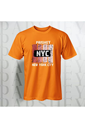 Erkek - Kadın %100 Pamuk New York City Parshey Baskılı Yarım Kollu Bisiklet Yaka T-Shirt