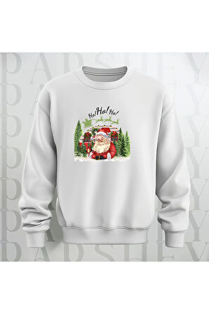 Noel Baba Ho Ho Ho! Baskılı Bisiklet Yaka Unisex Kalın Kumaş Oversize Sweatshirt 3 İplik Şardonlu
