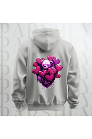 Love Teddy Deseni Baskılı Kapüşonlu Sweatshirt Hoodie Yünlü Kalın Kumaş 3 İplik Şardonlu