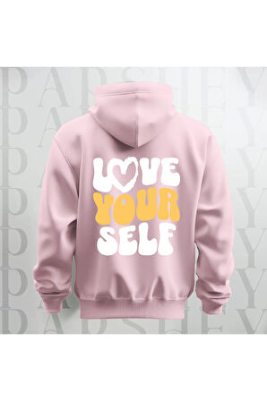 Love Your Self Sırt Baskılı Kapüşonlu Oversize Sweatshirt Hoodie Kalın Kumaş 3 İplik Şardonlu