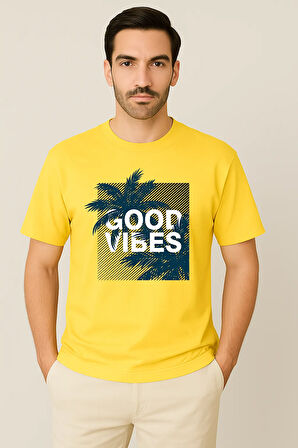 Erkek - Kadın %100 Pamuk Good Vibes Palmiye Desenli Baskılı Yarım Kollu Bisiklet Yaka T-Shirt