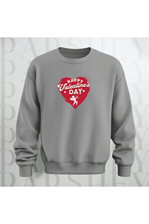 Happy Valentine's Day Kalp Desenli Oversize Bisiklet Yaka Sweatshirt 3 İplik Şardonlu