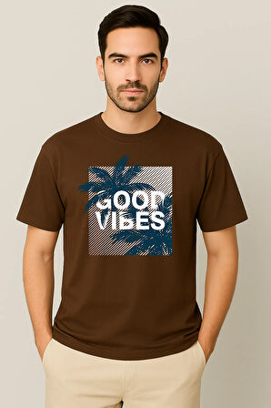 Erkek - Kadın %100 Pamuk Good Vibes Palmiye Desenli Baskılı Yarım Kollu Bisiklet Yaka T-Shirt