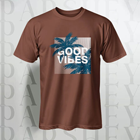 Erkek - Kadın %100 Pamuk Good Vibes Palmiye Desenli Baskılı Yarım Kollu Bisiklet Yaka T-Shirt