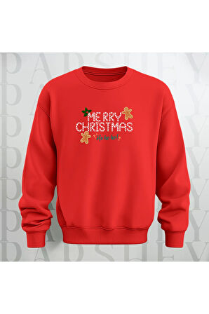 Merry Christmas Desenli Bisiklet Yaka Unisex Oversize Sweatshirt 3 İplik Şardonlu