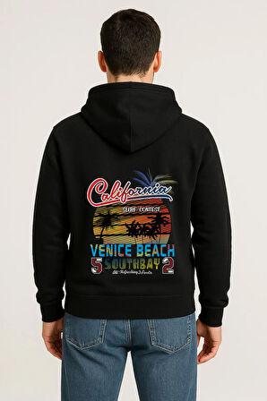 California Venice Beach Baskılı Oversize Hoodie – Retro Surf Tarzı Unisex Kapüşonlu