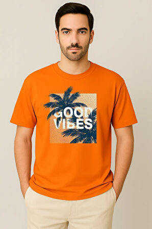 Erkek - Kadın %100 Pamuk Good Vibes Palmiye Desenli Baskılı Yarım Kollu Bisiklet Yaka T-Shirt