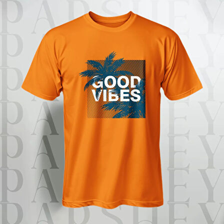 Erkek - Kadın %100 Pamuk Good Vibes Palmiye Desenli Baskılı Yarım Kollu Bisiklet Yaka T-Shirt