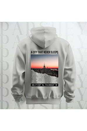 Uyumayan Şehir New York Baskılı Kapüşonlu Oversize Sweatshirt Hoodie Kalın Kumaş 3 İplik Şardonlu