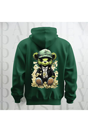 Paralı Teddy Sırt Baskılı Kapüşonlu Unisex Oversize Sweatshirt Hoodie Kalın Kumaş 3 İplik Şardonlu