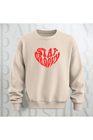Stay Groovy Kalp Şekilli Baskılı Kalın Kumaş 3 İplik Oversize Unisex Bisiklet Yaka Sweatshirt