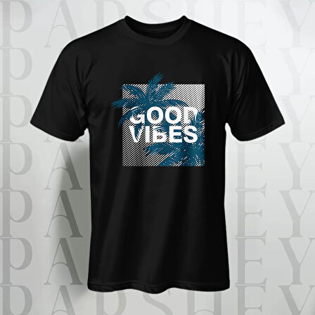 Erkek - Kadın %100 Pamuk Good Vibes Palmiye Desenli Baskılı Yarım Kollu Bisiklet Yaka T-Shirt