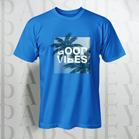 Erkek - Kadın %100 Pamuk Good Vibes Palmiye Desenli Baskılı Yarım Kollu Bisiklet Yaka T-Shirt
