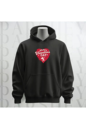 Happy Valentine's Day Kalp Desenli Kapüşonlu Oversize Sweatshirt Hoodie Kalın Kumaş 3 İplik Şardonlu