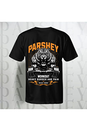 Gym Tiger Sırt Baskılı Bisiklet Yaka %100 Pamuk Oversize T-Shirt Unisex Yarım Kollu