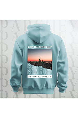 Uyumayan Şehir New York Baskılı Kapüşonlu Oversize Sweatshirt Hoodie Kalın Kumaş 3 İplik Şardonlu