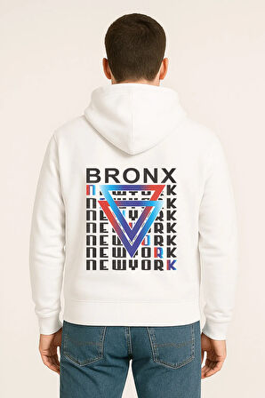 Bronx New York Baskılı Oversize Hoodie – Geometrik Renkli Arka Tasarım Unisex Kapüşonlu Sweatshirt
