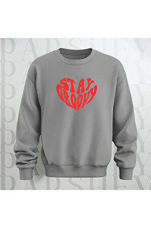 Stay Groovy Kalp Şekilli Baskılı Kalın Kumaş 3 İplik Oversize Unisex Bisiklet Yaka Sweatshirt