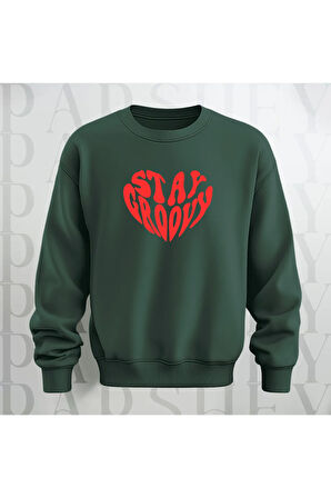 Stay Groovy Kalp Şekilli Baskılı Kalın Kumaş 3 İplik Oversize Unisex Bisiklet Yaka Sweatshirt