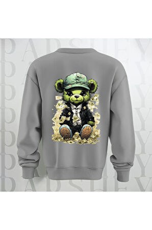 Zengin Teddy Sırt Baskılı Bisiklet Yaka Sweatshirt 3 İplik Şardonlu Oversize Kalıp Unisex