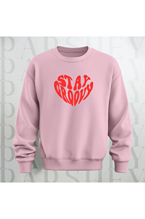 Stay Groovy Kalp Şekilli Baskılı Kalın Kumaş 3 İplik Oversize Unisex Bisiklet Yaka Sweatshirt