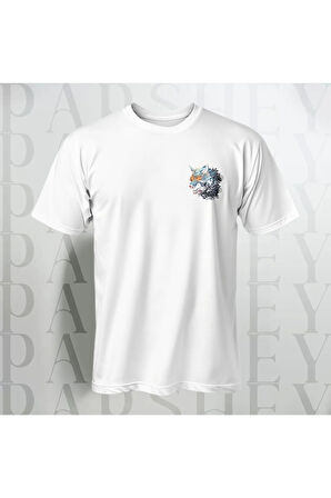 Hırçın Kurt Desenli Göğüs Baskılı Unisex Yarım Kollu Oversize T-Shirt Bisiklet Yaka %100 Pamuk