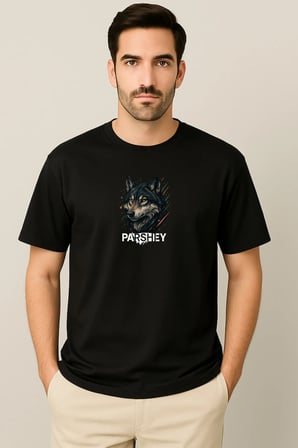 Erkek - Kadın Unisex Yarım Kollu Parshey Kurt Baskılı Bisiklet Yaka %100 Pamuk Oversize T-shirt