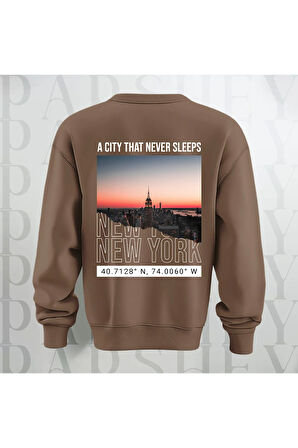 New York Şehir Temalı Sırt Baskılı Oversize Bisiklet Yaka Sweatshirt 3 İplik Şardonlu