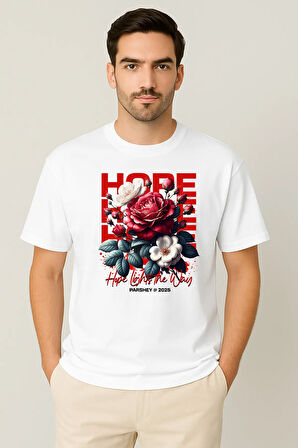 Erkek - Kadın %100 Pamuk Hope Gül Desenli Baskılı Yarım Kollu Bisiklet Yaka T-Shirt