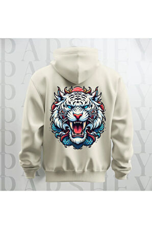 Tiger Büyük Sırt Baskılı Kapüşonlu Unisex Sweatshirt Hoodie Kalın Kumaş 3 İplik Şardonlu
