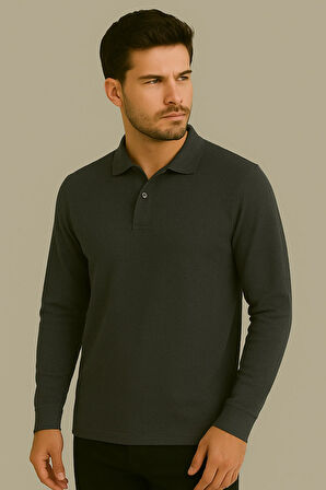 Regular Fit %100 Pamuk Polo Yaka Uzun Kollu Basic T-Shirt