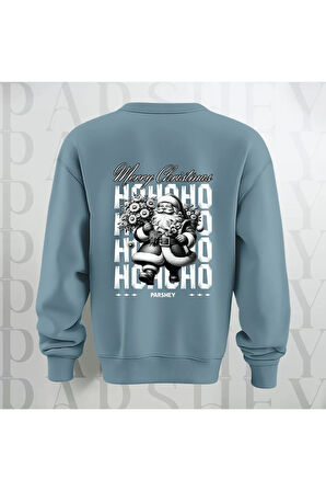 Merry Christmas Noel Baba Sırt Baskılı 3 İplik Şardonlu Oversize Bisiklet Yaka Sweatshirt