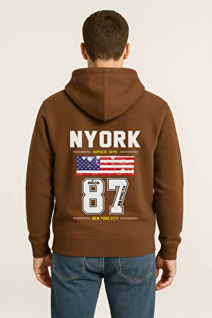 NYORK 87 Baskılı Oversize Hoodie – Amerikan Bayraklı Brooklyn New York City Kapüşonlu Sweatshirt