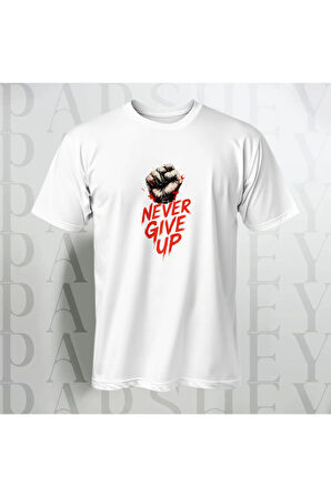 Erkek - Kadın Never Give Up Baskılı Unisex Yarım Kollu Bisiklet Yaka %100 Pamuk Oversize T-shirt