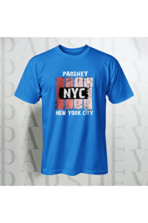 Erkek - Kadın %100 Pamuk New York City Parshey Baskılı Yarım Kollu Bisiklet Yaka T-Shirt
