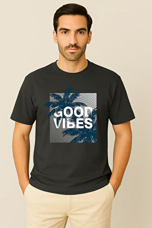 Erkek - Kadın %100 Pamuk Good Vibes Palmiye Desenli Baskılı Yarım Kollu Bisiklet Yaka T-Shirt