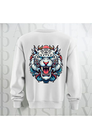 Tiger Baskılı Kalın Kumaş 3 İplik Şardonlu Oversize Unisex Bisiklet Yaka Sweatshirt