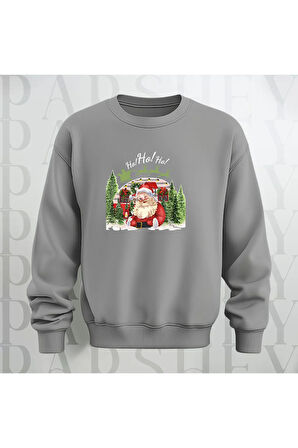 Noel Baba Ho Ho Ho! Baskılı Bisiklet Yaka Unisex Kalın Kumaş Oversize Sweatshirt 3 İplik Şardonlu