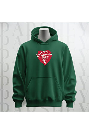 Happy Valentine's Day Kalp Desenli Kapüşonlu Oversize Sweatshirt Hoodie Kalın Kumaş 3 İplik Şardonlu