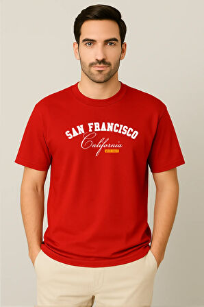 Erkek - Kadın %100 Pamuk San Francisco Baskılı Yarım Kollu Bisiklet Yaka T-Shirt