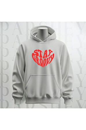 Stay Groovy Kalp Şekilli Baskılı Kapüşonlu Oversize Sweatshirt Hoodie Kalın Kumaş 3 İplik Şardonlu