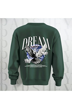 Dream Kuş Desenli Sırt Baskılı 3 İplik Şardonlu Oversize Unisex Bisiklet Yaka Sweatshirt