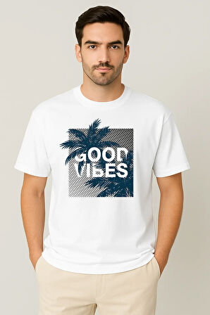 Erkek - Kadın %100 Pamuk Good Vibes Palmiye Desenli Baskılı Yarım Kollu Bisiklet Yaka T-Shirt