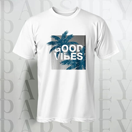 Erkek - Kadın %100 Pamuk Good Vibes Palmiye Desenli Baskılı Yarım Kollu Bisiklet Yaka T-Shirt