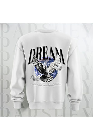 Dream Kuş Desenli Sırt Baskılı 3 İplik Şardonlu Oversize Unisex Bisiklet Yaka Sweatshirt