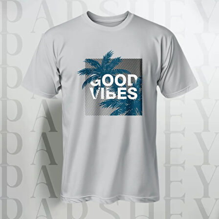 Erkek - Kadın %100 Pamuk Good Vibes Palmiye Desenli Baskılı Yarım Kollu Bisiklet Yaka T-Shirt